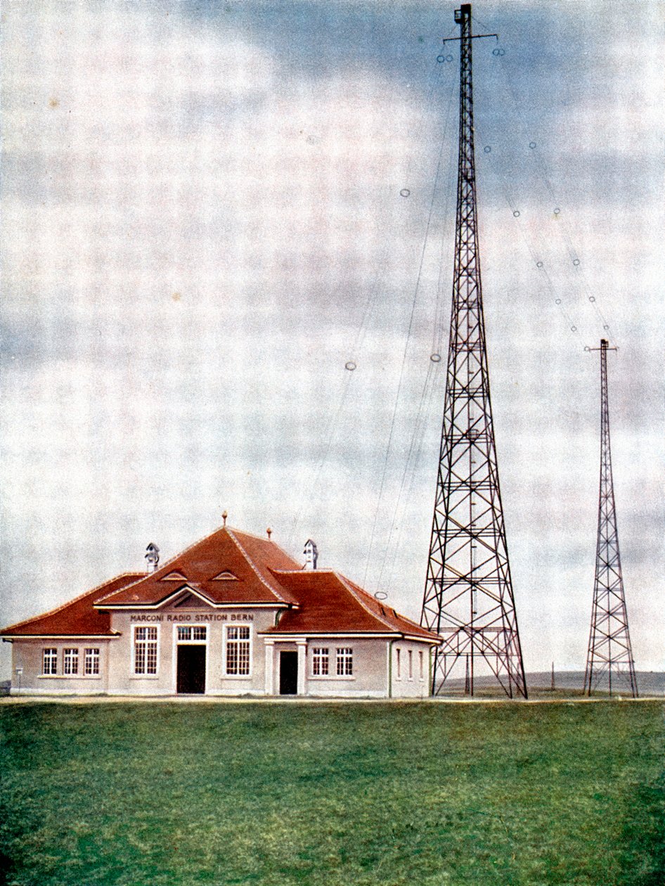 Maszty nadawcze fal długich w stacji radiowej Marconi w Bernie, Szwajcaria, ok. 1925 r. autorstwa Unbekannt