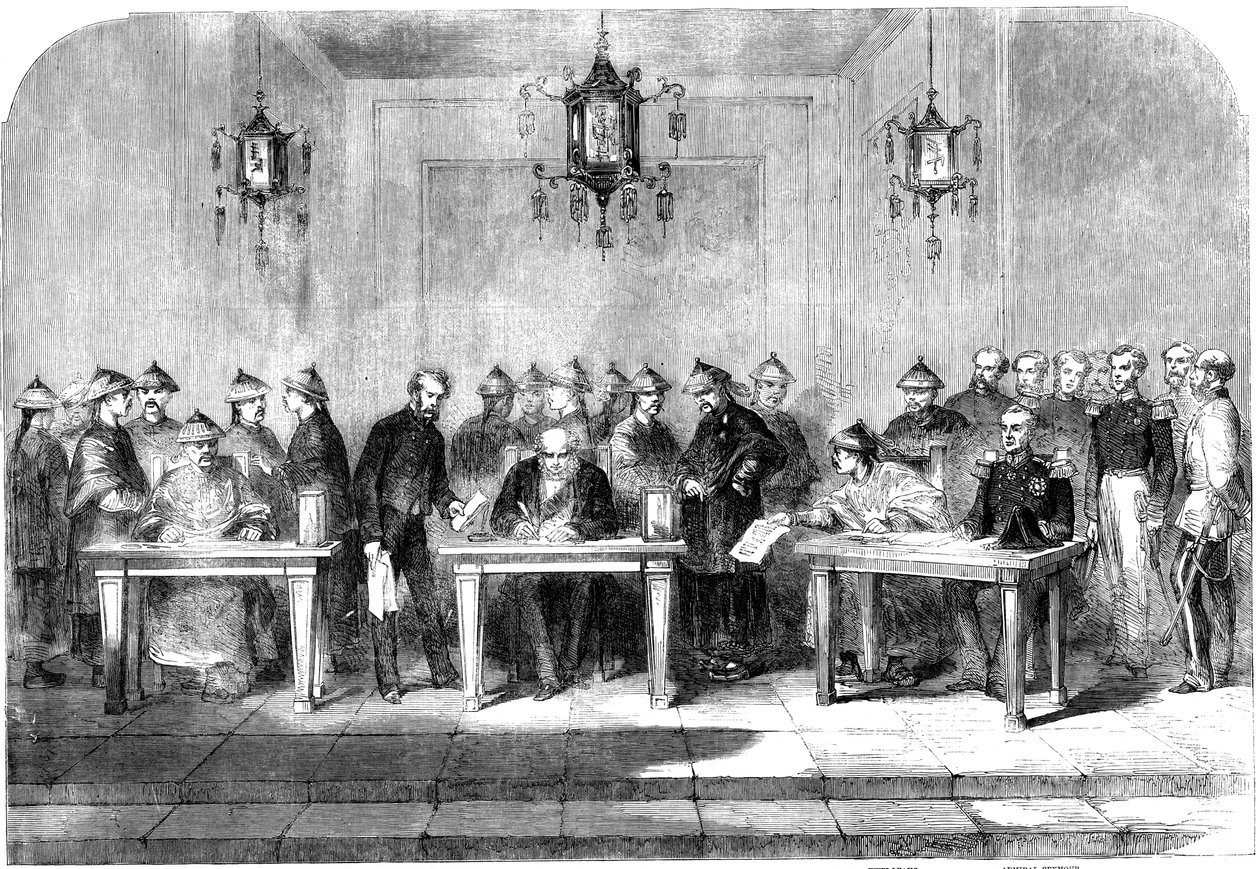 Lord Elgin podpisuje traktat w Tianjin kończący drugą wojnę opiumową, 1858 r autorstwa Unbekannt