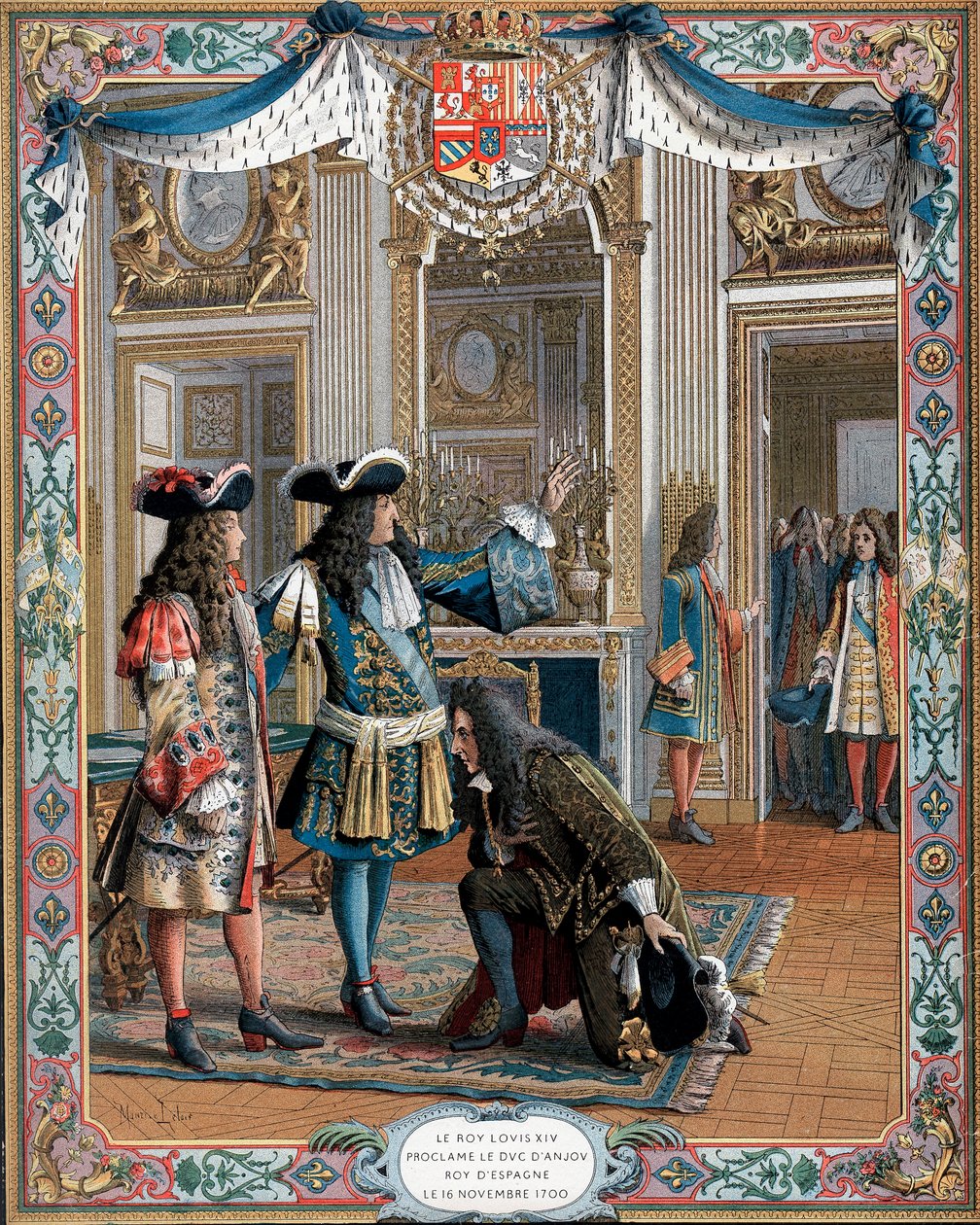 Ludwik XIV ogłaszający księcia Andegawenii królem Hiszpanii, wojna o sukcesję, 1700 XIX w. autorstwa Unbekannt