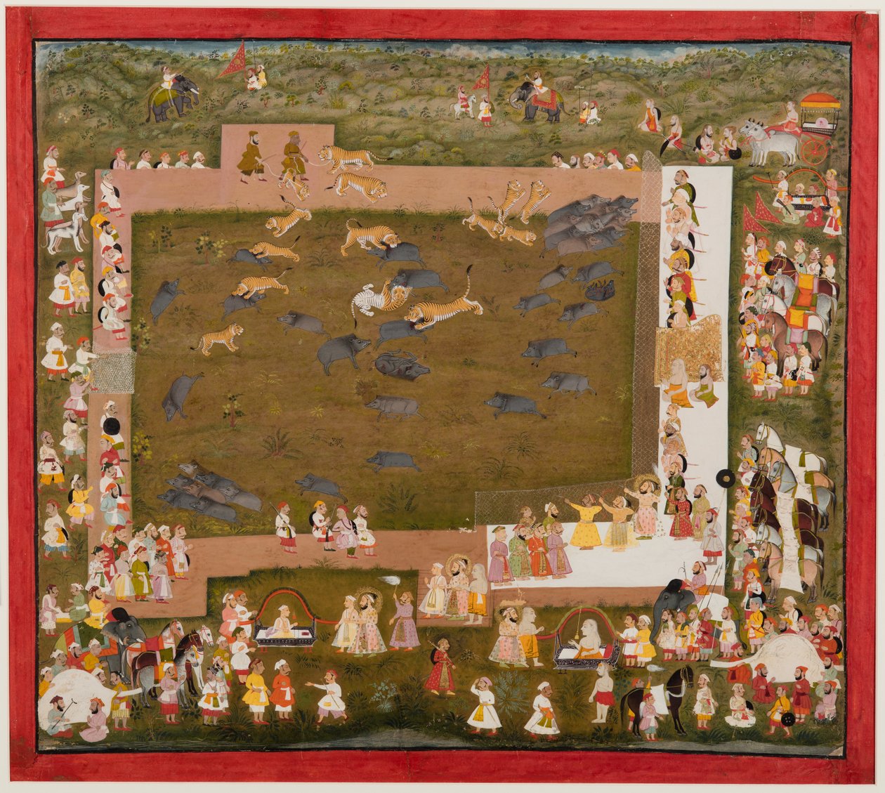 Maharaja Sangram Singh i jego dwór obserwują walkę tygrysów z dzikami w Sadri, ok. godz. 1720. autorstwa Unbekannt