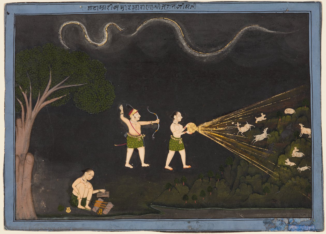 Maharana Jagat Singh przebrany za bhil, polujący nocą na jelenie, ok. 1930 r. 1735-40. autorstwa Unbekannt