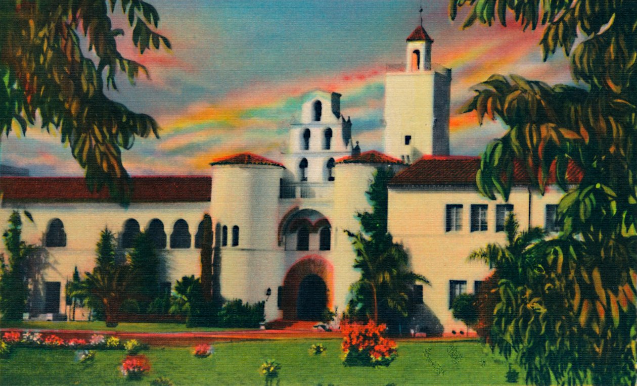 Główne wejście. Budynek Administracyjny, Kolegium Stanowe. San Diego, Kalifornia, ok. 1941 r. autorstwa Unbekannt