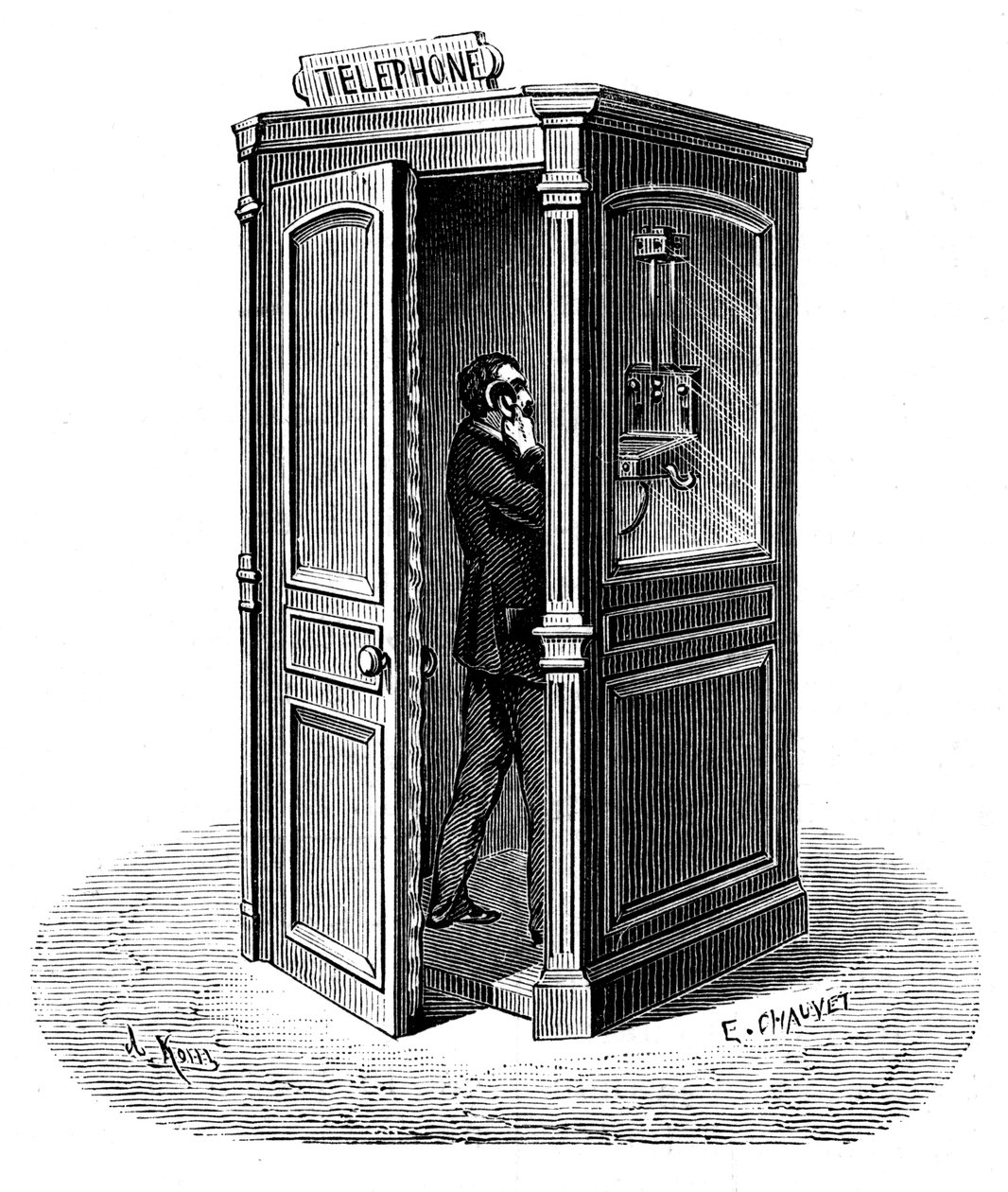 Telefonowanie z budki telefonicznej, 1888 autorstwa Unbekannt