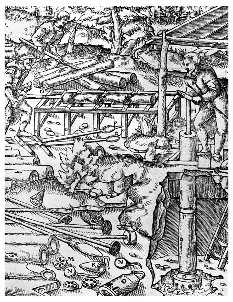 Wykonanie i wykorzystanie pomp z drzewa wiązowego do osuszania kopalń sprzed czasów maszyny parowej, 1556 1956 autorstwa Unbekannt