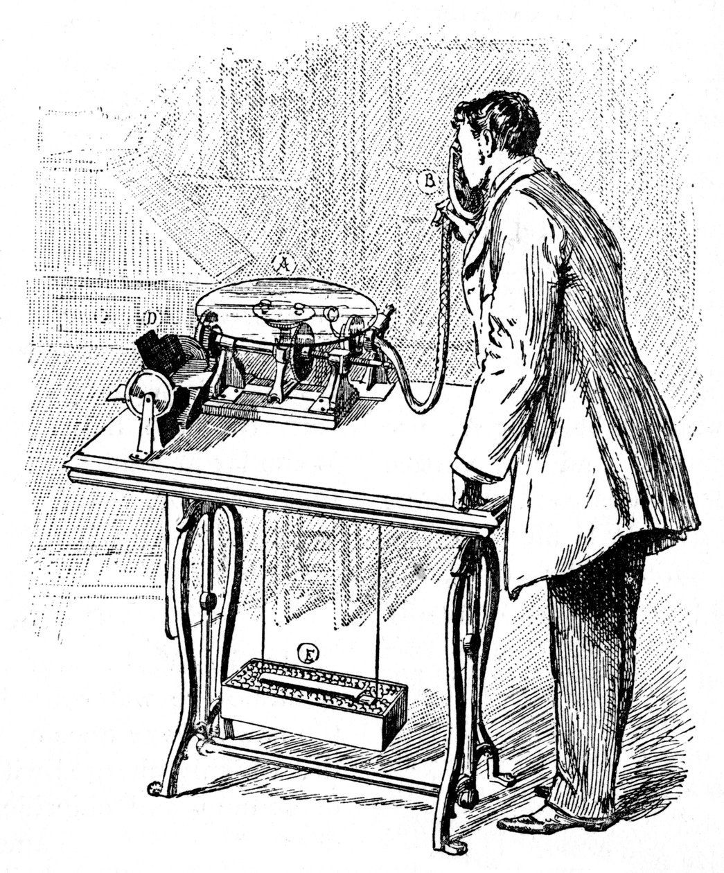 Dokonywanie nagrań na gramofonie Emile Berliners, c1887 autorstwa Unbekannt