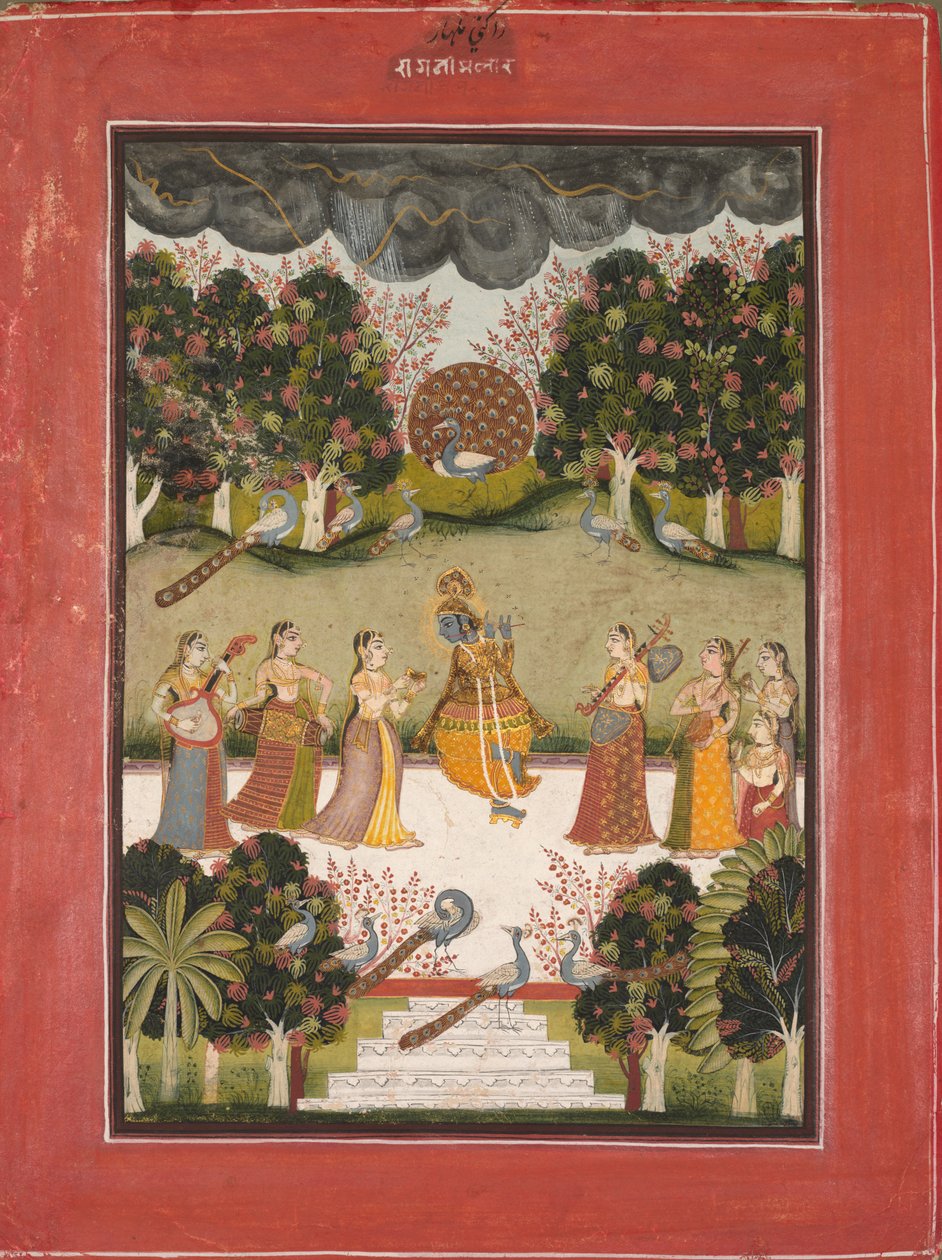 Malar Ragini: Krishna grający na flecie przed siedmioma gopi trzymającymi instrumenty muzyczne..., c. 1760. autorstwa Unbekannt