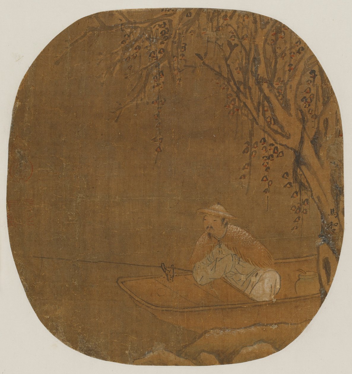 Mężczyzna łowiący ryby z łodzi pod drzewem, prawdopodobnie dynastia Ming, 1368-1644. autorstwa Unbekannt