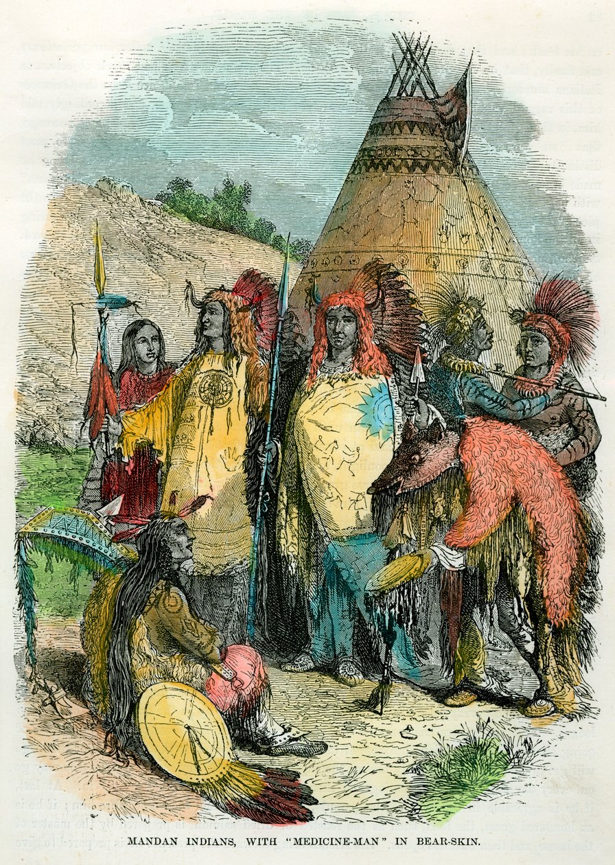 Indianie Mandan, z Człowiekiem Medycyny w Skórze Niedźwiedzia, ok. 1875 r. autorstwa Unbekannt