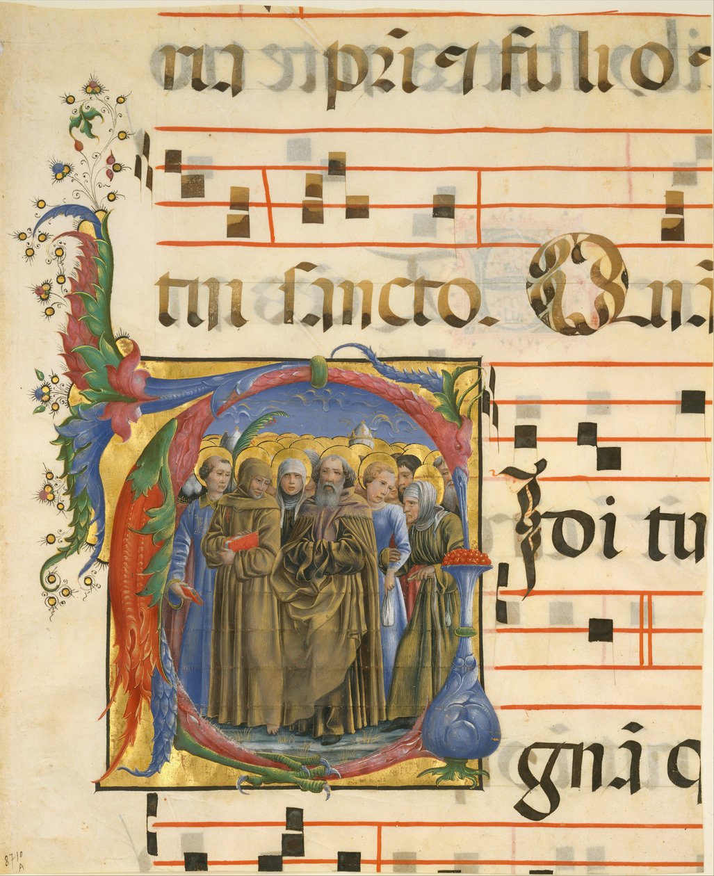 Iluminacja rękopisu ze wszystkimi świętymi w inicjale V, z antyfonarza, włoski, 1450-60. autorstwa Unbekannt