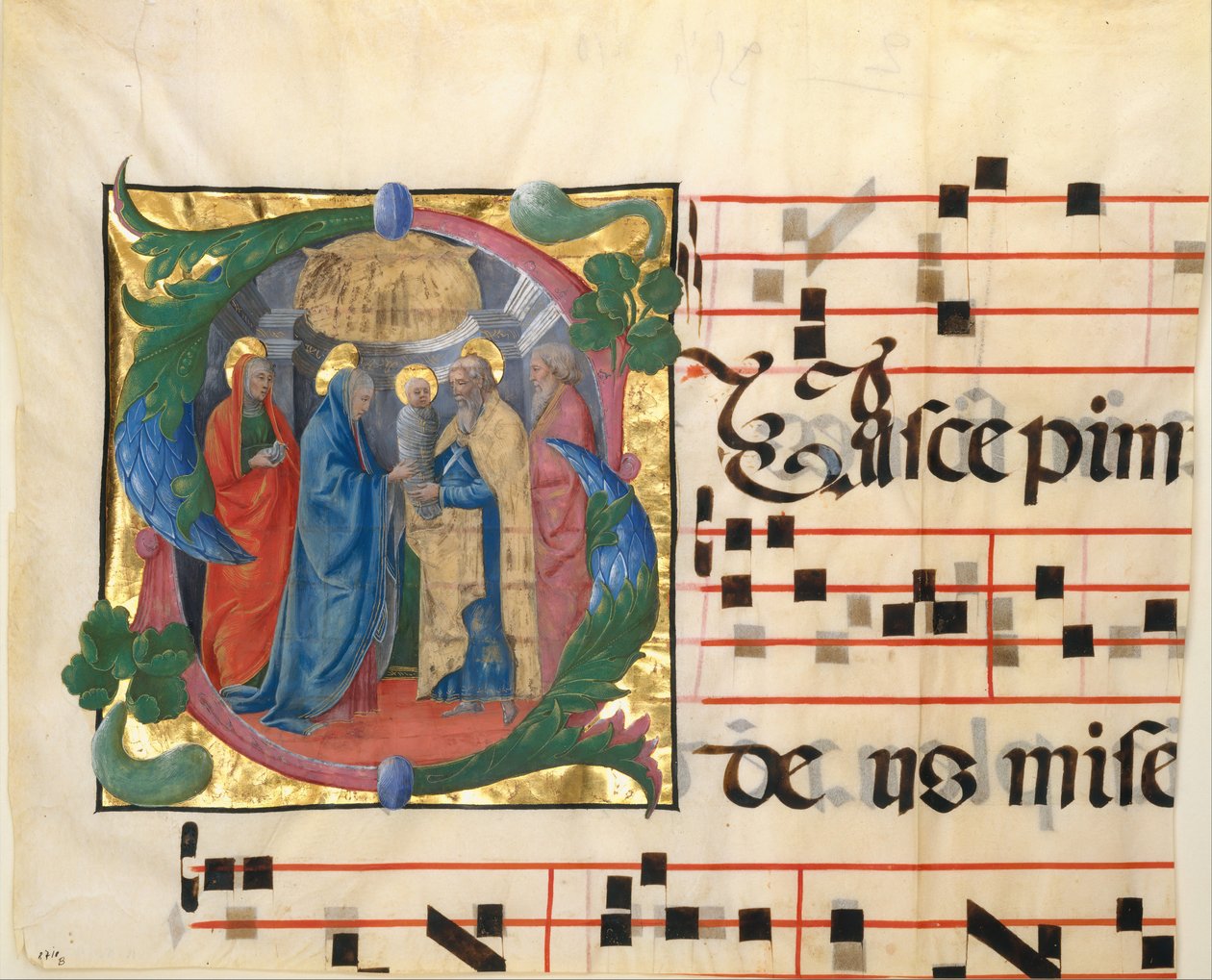 Iluminacja rękopisu z Ofiarowaniem w Świątyni w inicjale S, z Graduału, 1450-60. autorstwa Unbekannt