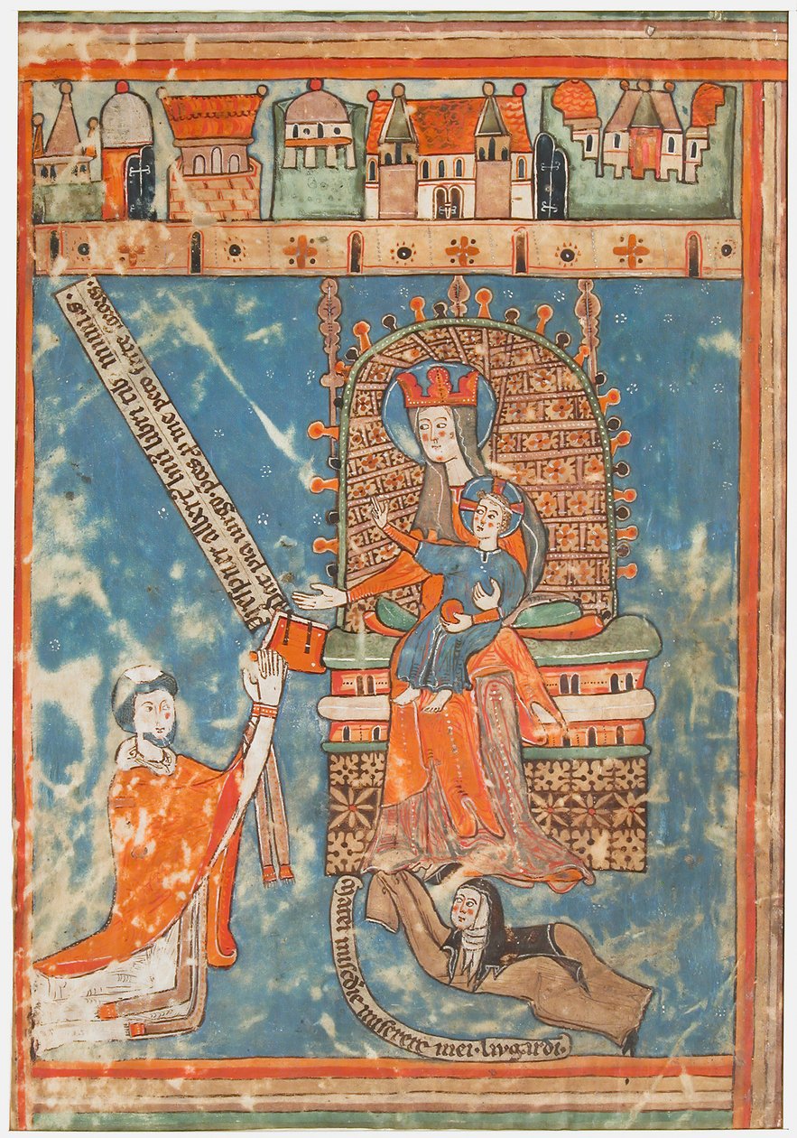 Karta rękopisu z dedykacją księgi Najświętszej Marii Pannie, niem., ca. 1400. autorstwa Unbekannt