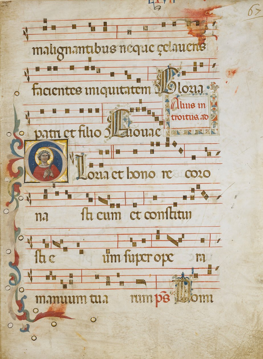 Karta rękopisu ze świętą kobietą, być może Dorota w inicjale G, z Graduału, ca. 1330-40. autorstwa Unbekannt