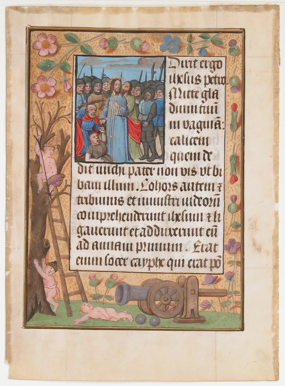 Kartka rękopisu ze zdradą, z Księgi Godzin, ca. 1500. autorstwa Unbekannt