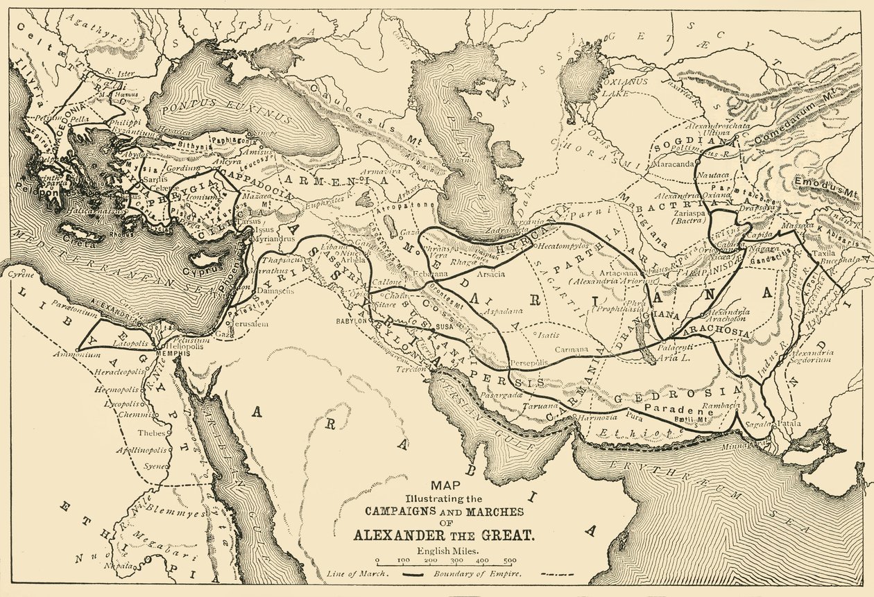 Mapa ilustrująca kampanie i marsze Aleksandra Wielkiego, 1890 r. autorstwa Unbekannt