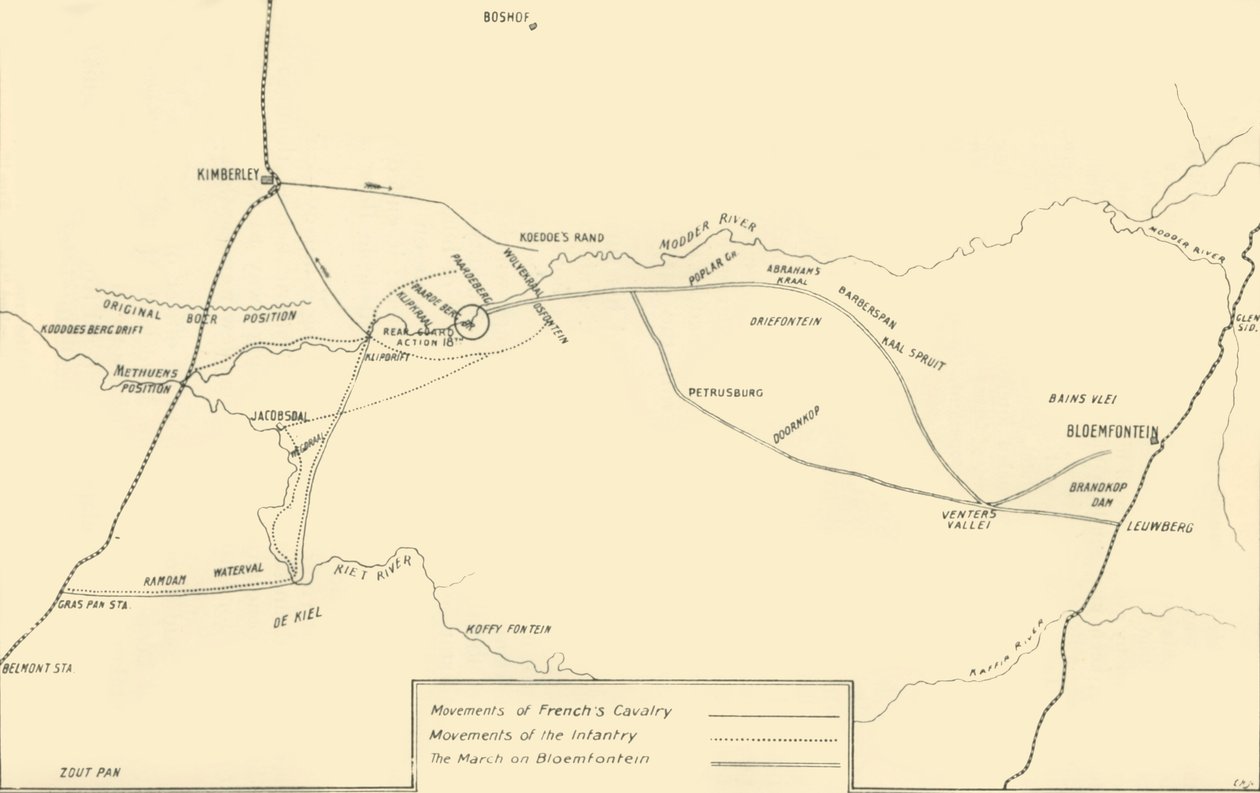 Mapa ilustrująca ruchy na rzecz pomocy w Kimberley i schwytania Bloemfontein, 1901. autorstwa Unbekannt