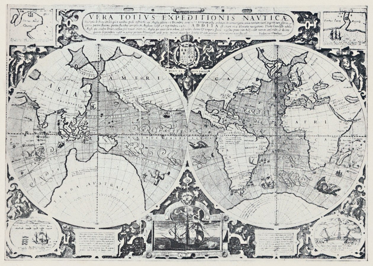 Mapa przedstawiająca rejs okrężny Drakesa 1577-1580, 1923. autorstwa Unbekannt