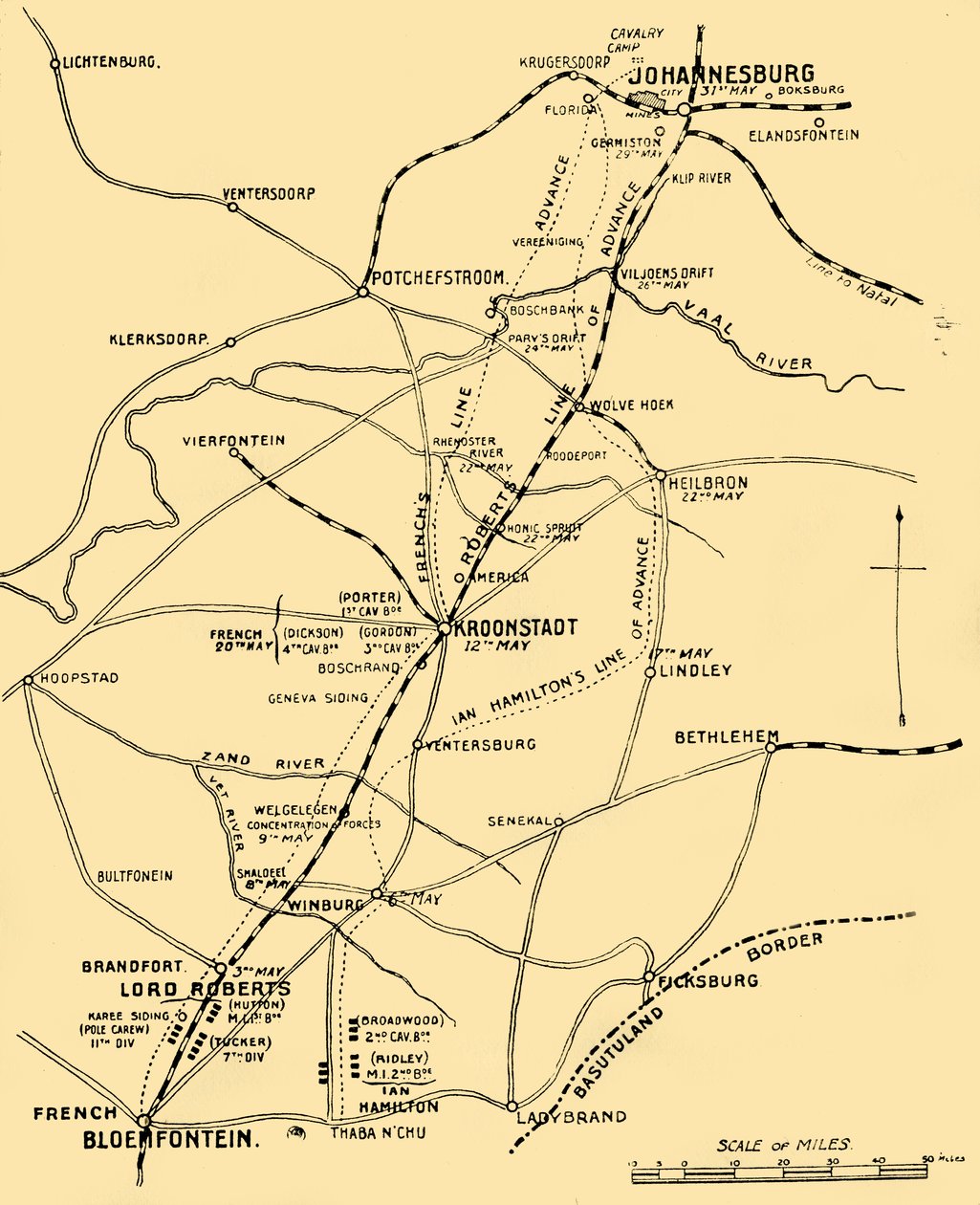 Mapa przedstawiająca linie natarcia od Bloemfontein do Pretorii, 1901. autorstwa Unbekannt