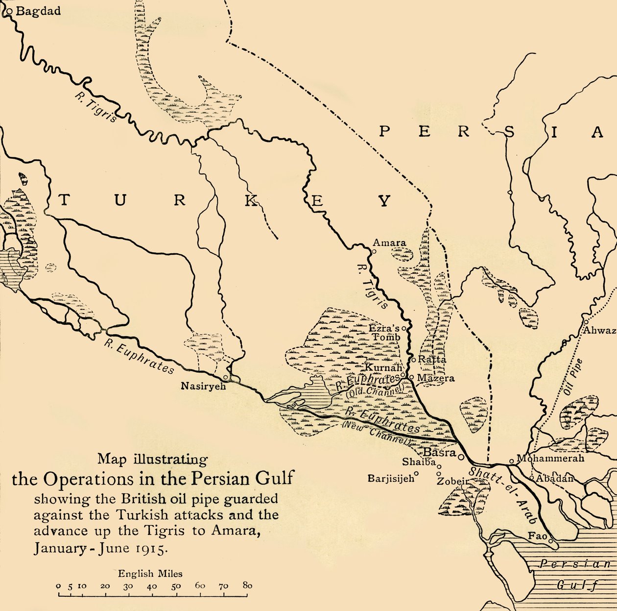 Mapa ilustrująca operacje w Zatoce Perskiej, I wojna światowa, 1915, c1920. autorstwa Unbekannt