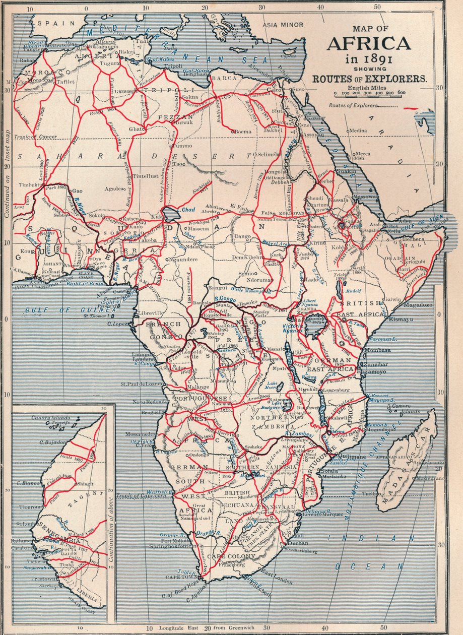 Mapa Afryki w 1891 pokazująca trasy odkrywców, 1906 autorstwa Unbekannt