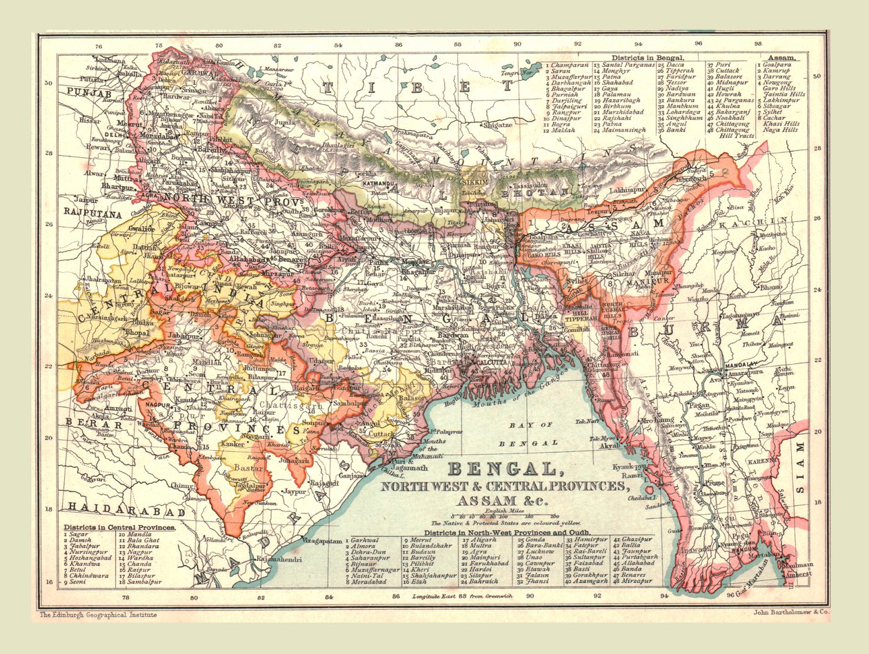 Mapa Bengalu, prowincji północno-zachodniej i środkowej oraz Assam, 1902. autorstwa Unbekannt