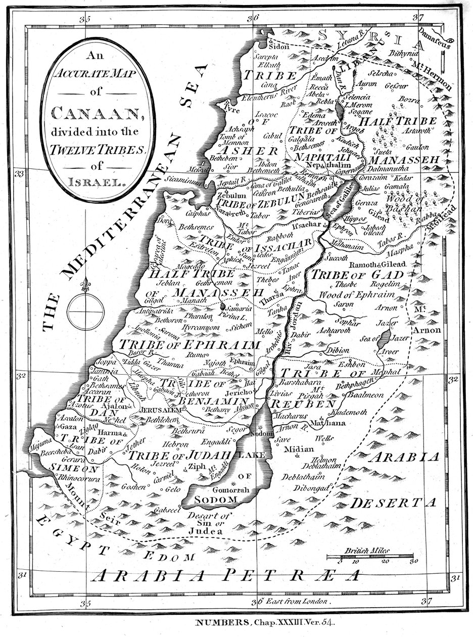 Mapa Kanaanu z podziałem na dwanaście plemion Izraela, ok. 1830 r autorstwa Unbekannt
