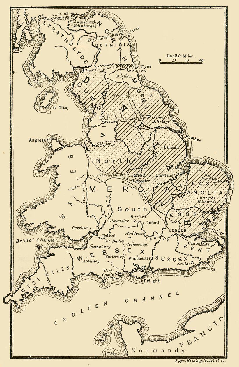 Mapa Anglii, ukazująca królestwa anglosaskie i okręgi duńskie, c IX w., 189 autorstwa Unbekannt