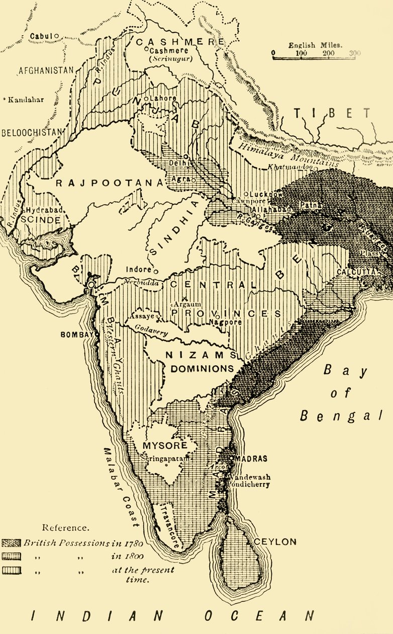 Mapa Indii, przedstawiająca brytyjskie posiadłości w latach 1780, 1800, a obecnie 1890. autorstwa Unbekannt