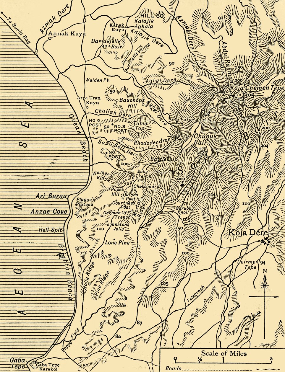 Mapa Sari Bair, półwysep Gallipoli, I wojna światowa, 1915, c1920. autorstwa Unbekannt