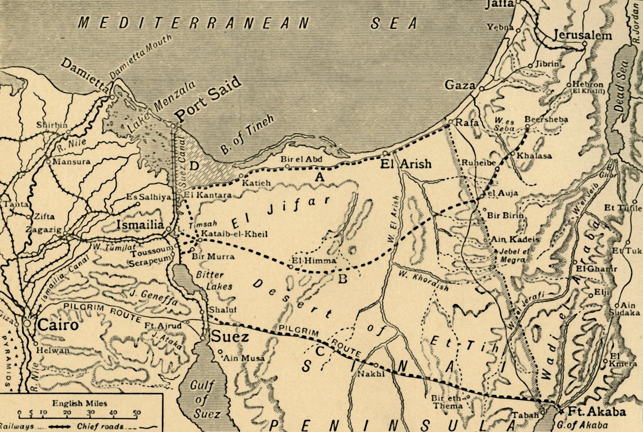 Mapa tureckiego ataku na Kanał Sueski, Egipt, I wojna światowa, 1915, c1920. autorstwa Unbekannt