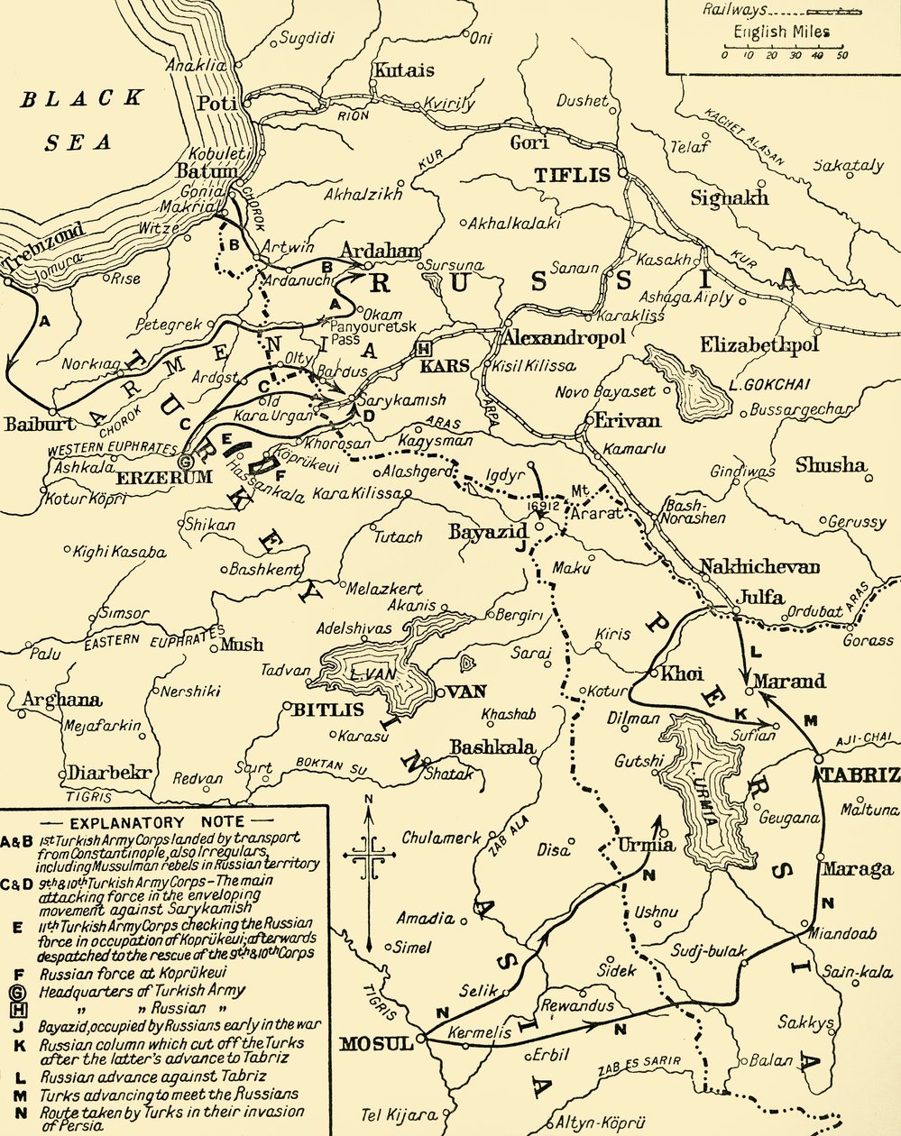 Mapa granicy rosyjsko-tureckiej, I wojna światowa, ok. 1920 r. autorstwa Unbekannt