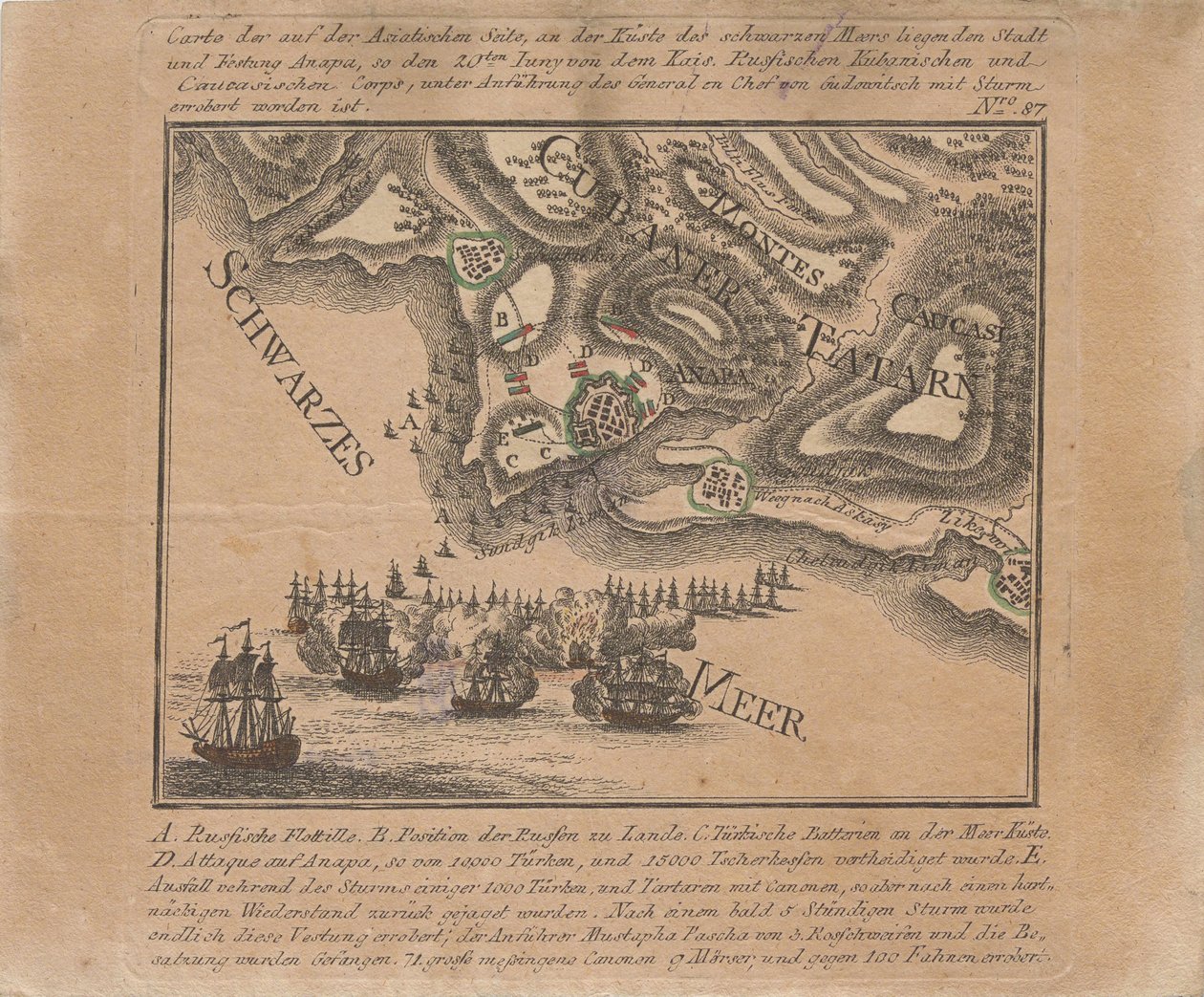 Mapa zdobycia twierdzy morskiej Anapa przez wojska rosyjskie na Morzu Czarnym w czerwcu 1791, 1791. autorstwa Unbekannt