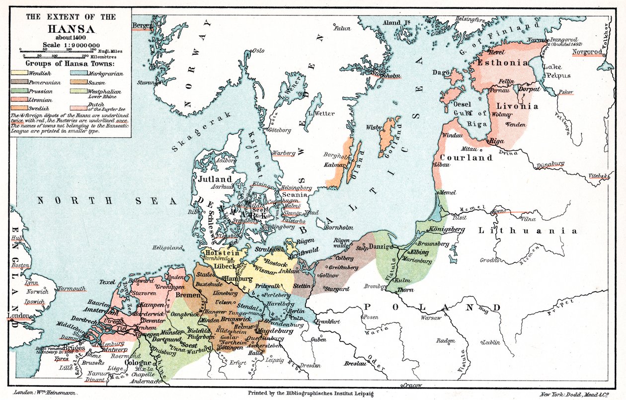 Mapa zasięgu Ligi Hanzeatyckiej około 1400 autorstwa Unbekannt