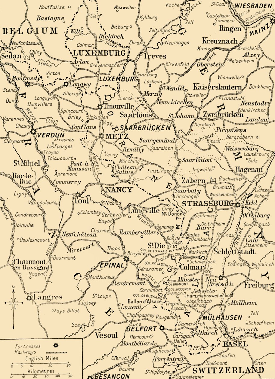 Mapa przedstawiająca granicę francusko-niemiecką, I wojna światowa, c1915, c1920. autorstwa Unbekannt