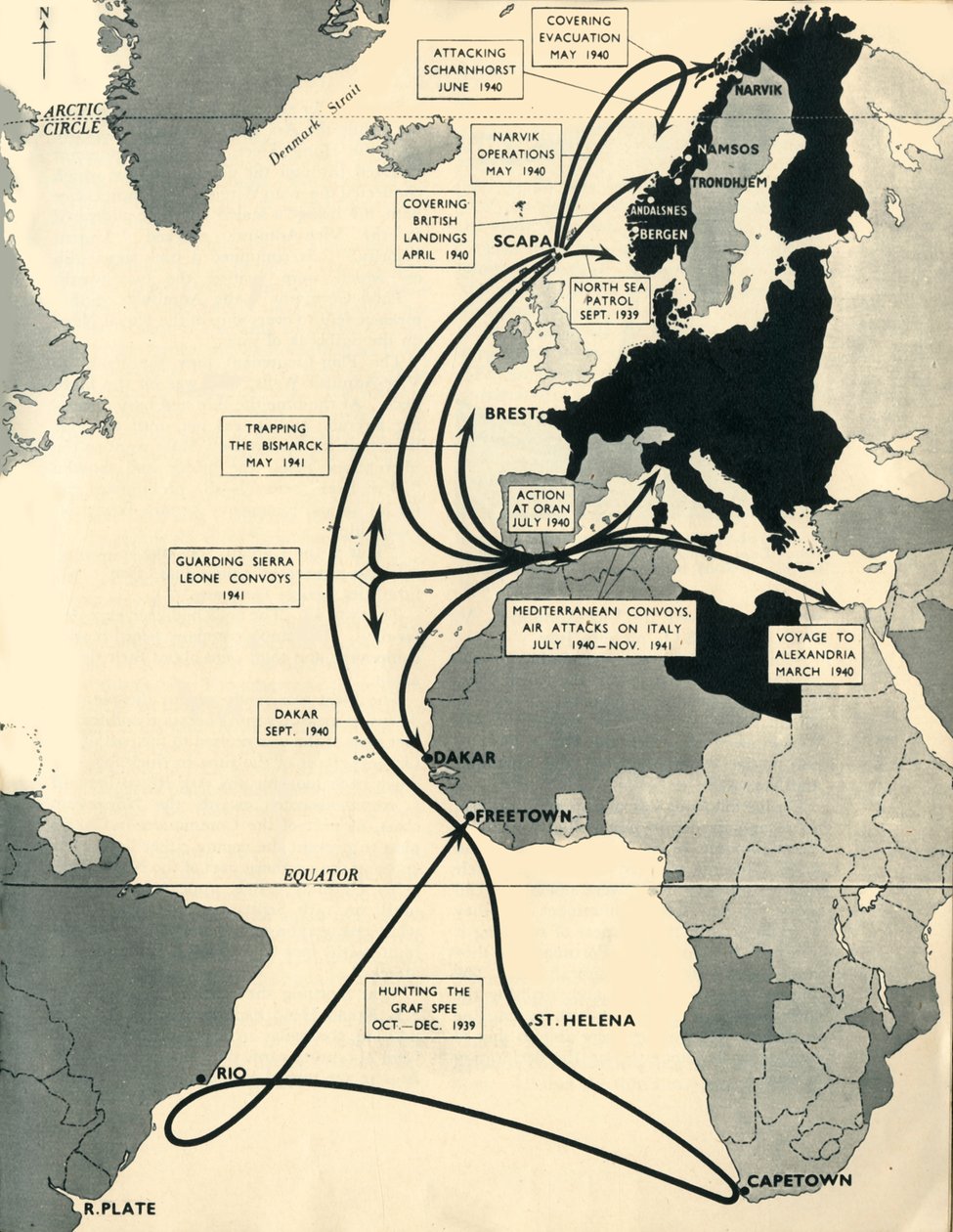 Mapa przedstawiająca ruchy HMS Ark Royal, 1939-1941, 1942. autorstwa Unbekannt