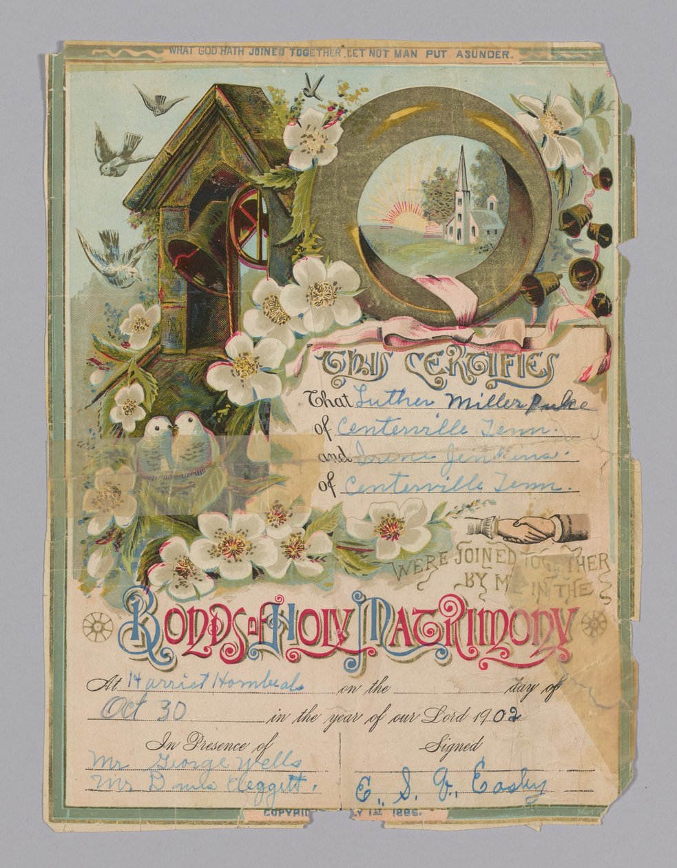 Akt ślubu Luther Miller Pulce i Irene Jenkins, 30 października 1902. autorstwa Unbekannt