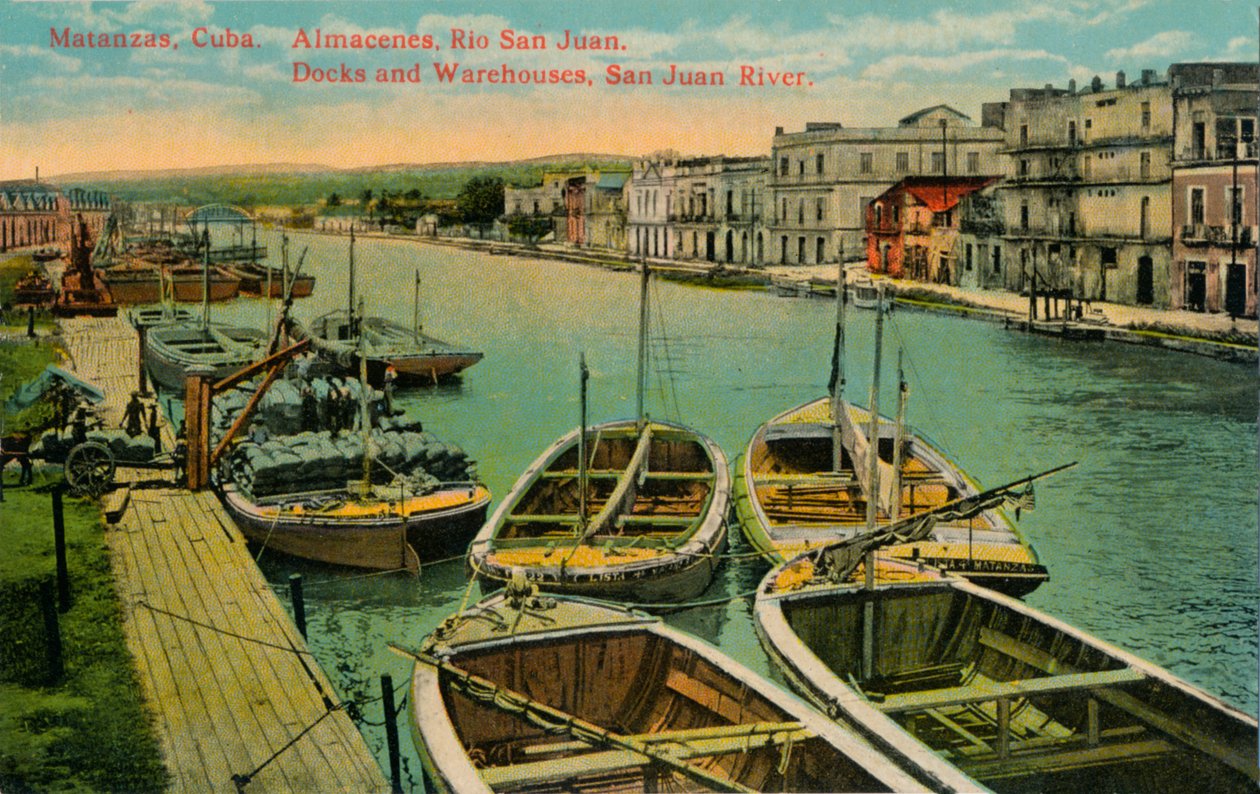 Matanzas, Kuba. Magazyny, Rio San Juan. Doki i magazyny, rzeka San Juan, ok. 1910 r. autorstwa Unbekannt