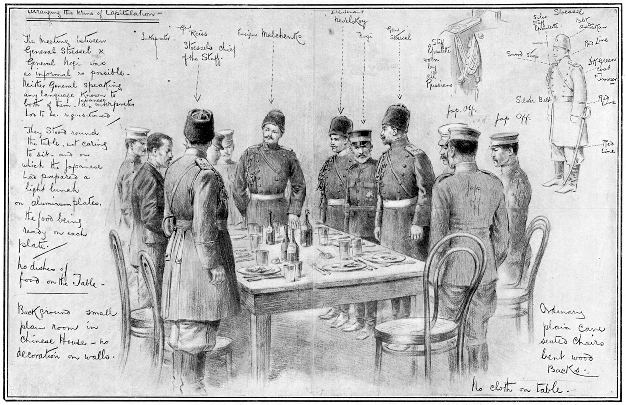 Spotkanie przeciwnych generałów, wojna rosyjsko-japońska, 1904-5 autorstwa Unbekannt