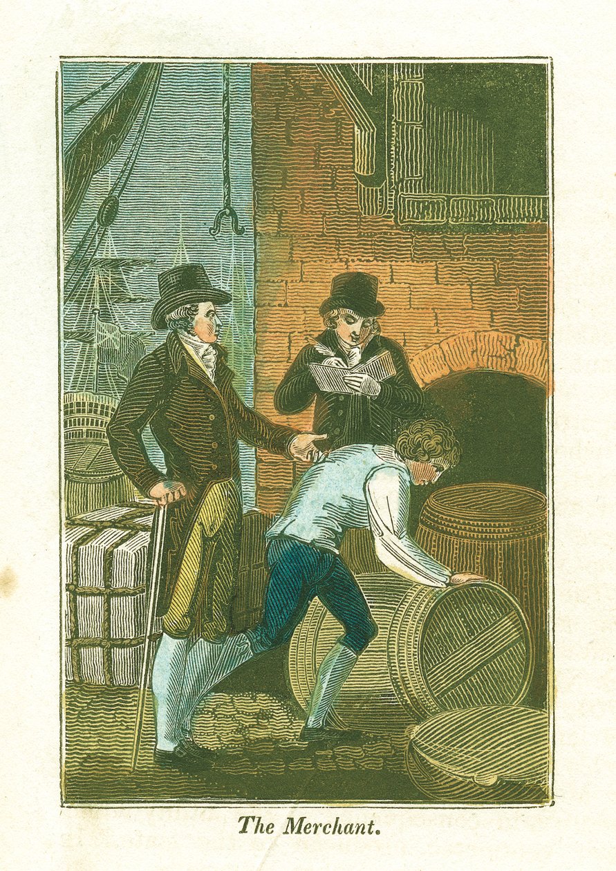 Kupiec i jego urzędnik w porcie sprawdzający towary w magazynie, 1823 autorstwa Unbekannt