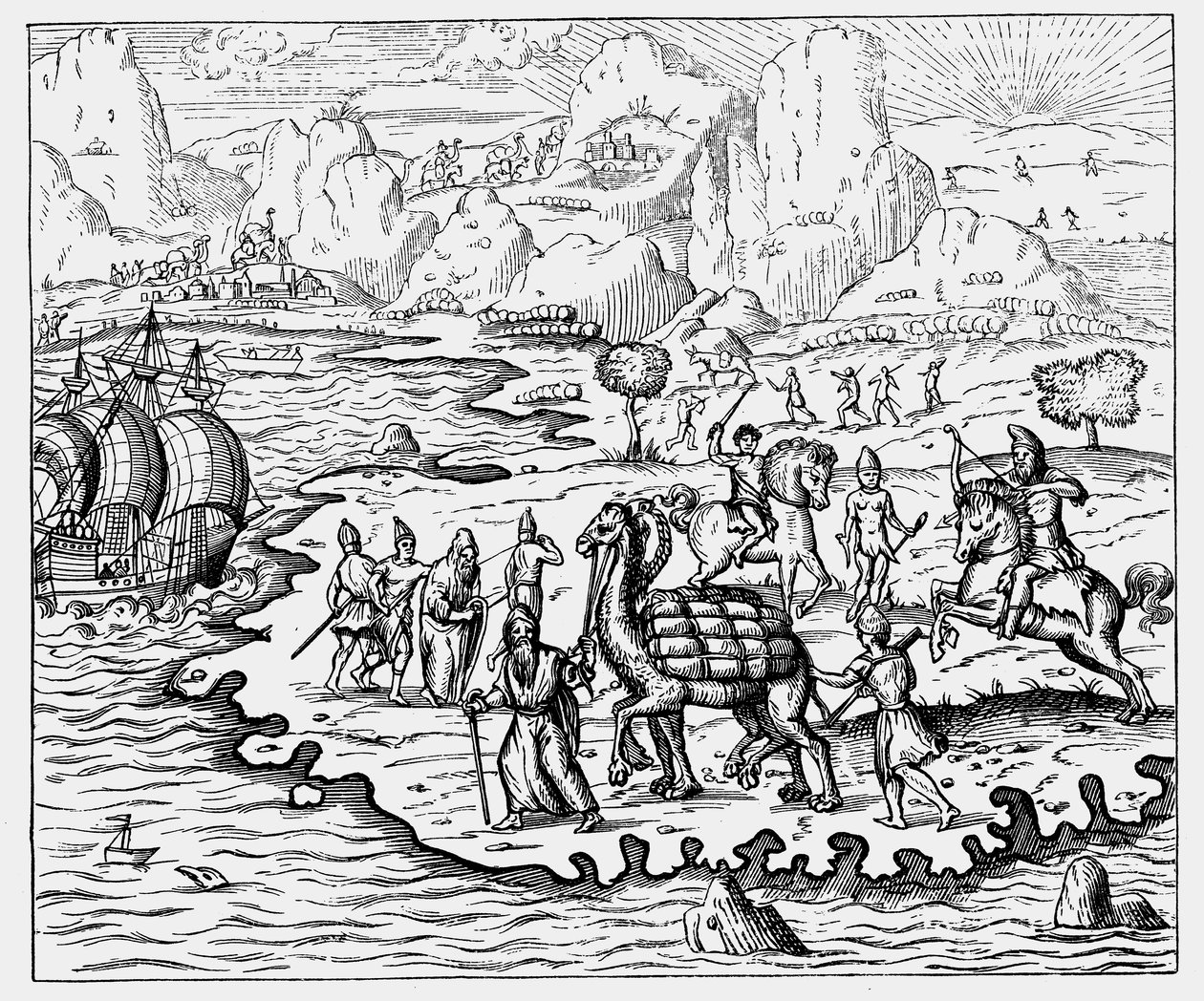 Kupcy przewożący towary na wybrzeże i oczekujący statek na wielbłądach, 1575 autorstwa Unbekannt