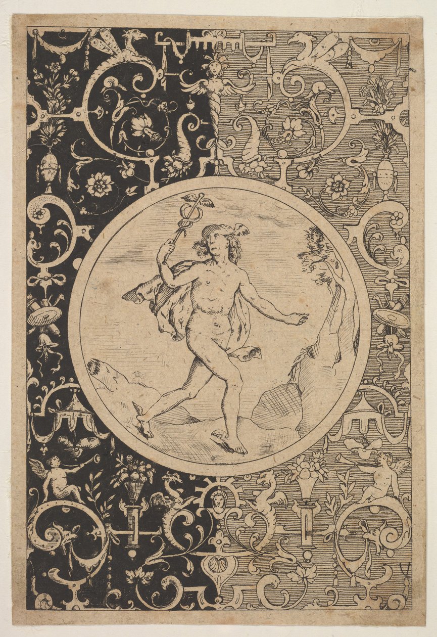 Merkury w ozdobnej ramie z groteskami, ca. 1600-1630. autorstwa Unbekannt