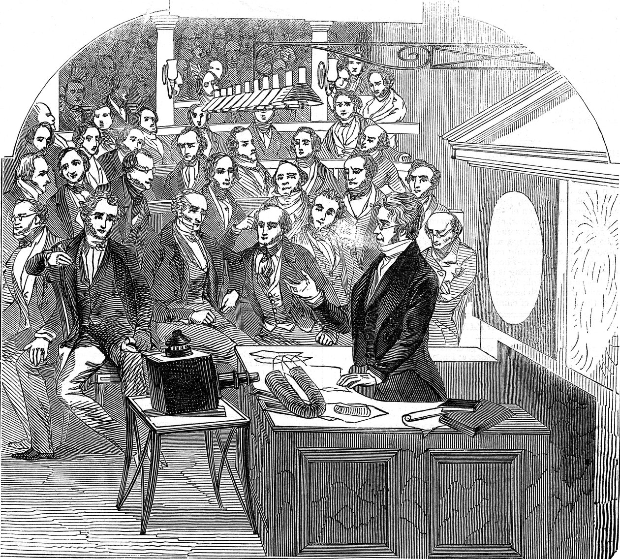 Michael Faraday z wykładem na temat elektryczności i magnetyzmu, Royal Institution, Londyn, 1846 autorstwa Unbekannt