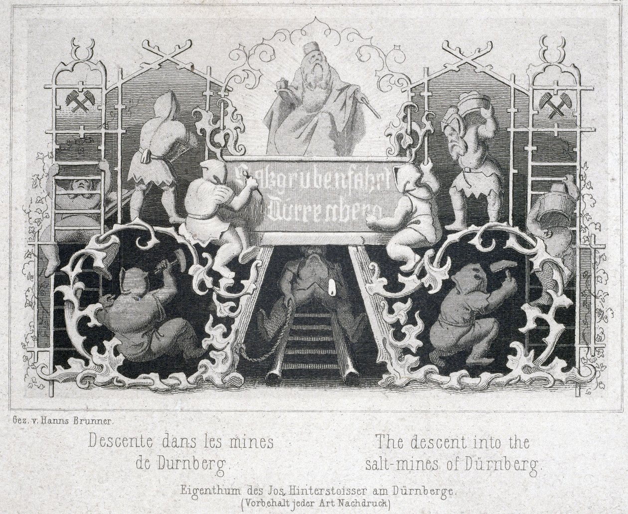 Kopalnia Soli: Zejście do Kopalni Soli Durrnberg, Austria, ok. 1850 r. autorstwa Unbekannt