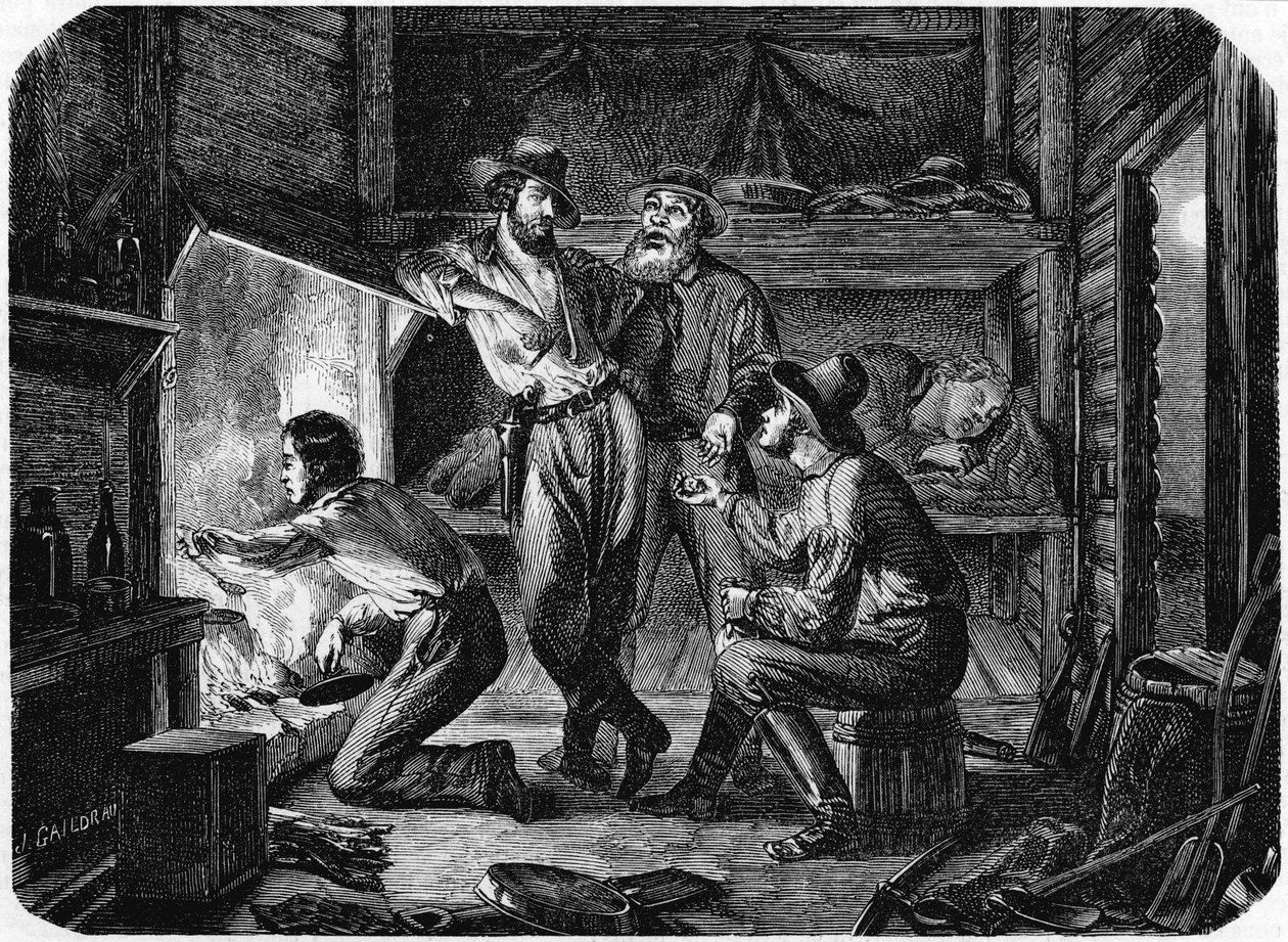 Górnicy na kalifornijskich polach złota odpoczywają nocą w swojej chatce z bali, 1853 r. autorstwa Unbekannt
