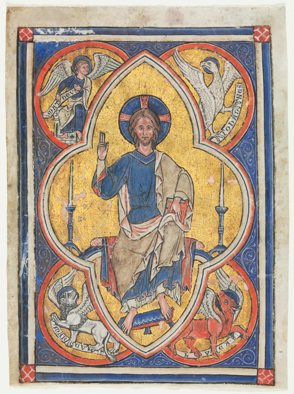 Miniatura wycięta z psałterza: Chrystus w majestacie z symbolami czterech ewangelistów, ok. 1930 r. 1235. autorstwa Unbekannt