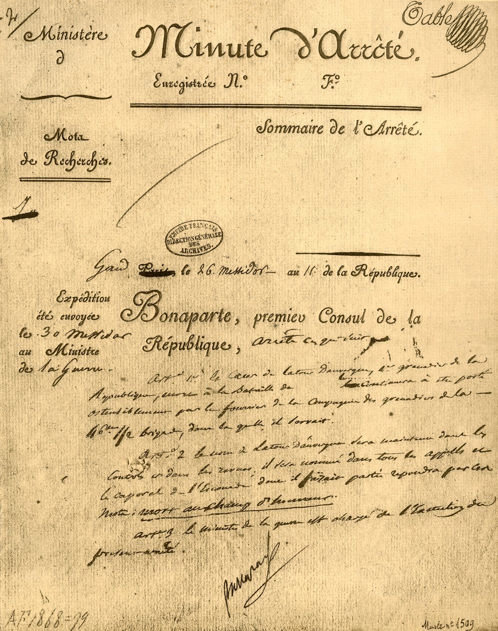 Rozporządzenie ministerialne w sprawie La Tour dAuvergne, 15 lipca 1803, 1921. autorstwa Unbekannt