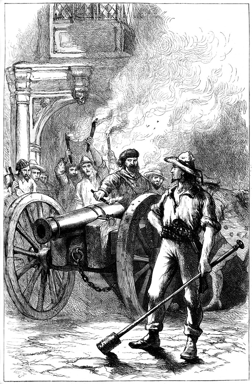 Tłum strzelający z armaty przed gmachem sądu, w którym więziony był Alexander McLeod, 1840 c1880 autorstwa Unbekannt