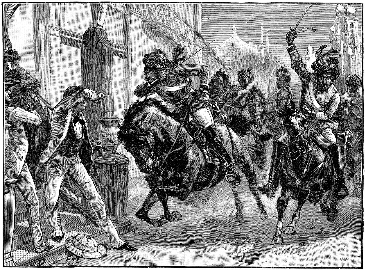 Sepojowie na koniach szarżujący ulicami Delhi, bunt indyjski, maj 1857 c1895 r autorstwa Unbekannt