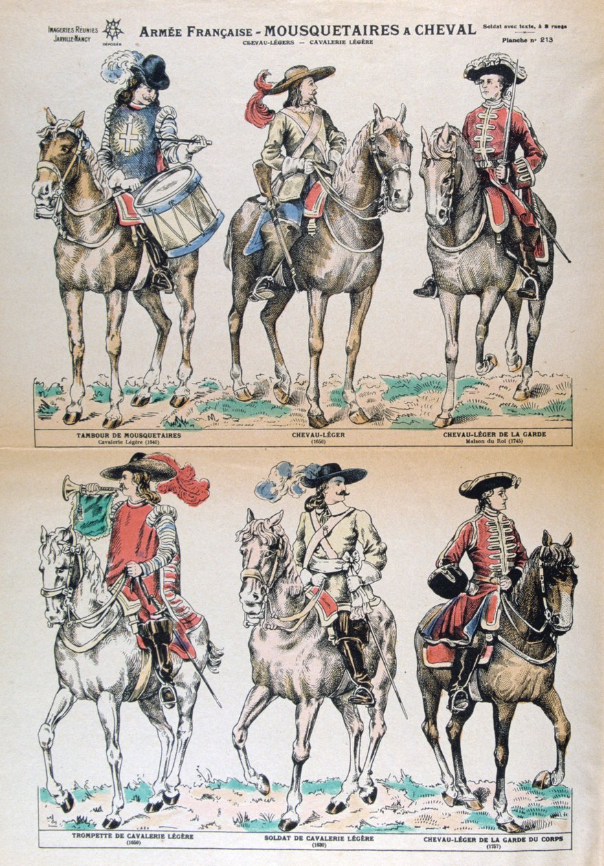 Muszkieterowie Cheval 17 wieku. Mundury armii francuskiej. Litografia kolorowa. Prywatna kolekcja autorstwa Unbekannt