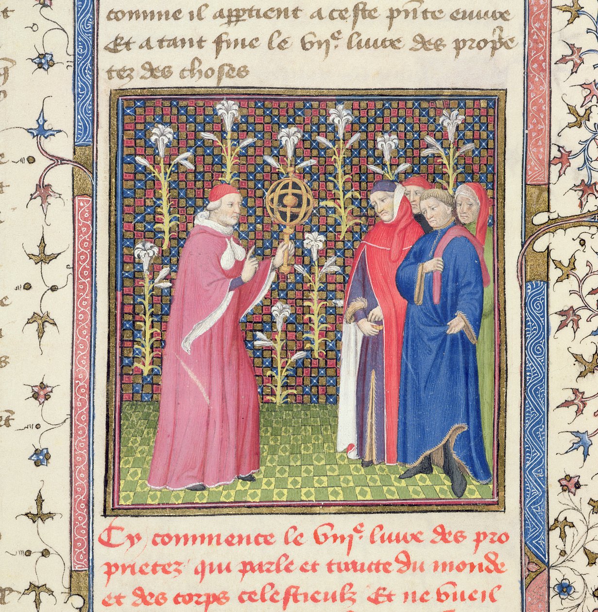 Ms 251 f.135r Pięciu mężczyzn, jeden trzymający sferę armilarną, z „Des Proprietez des Choses”, c.1415 (welum) autorstwa Unbekannt