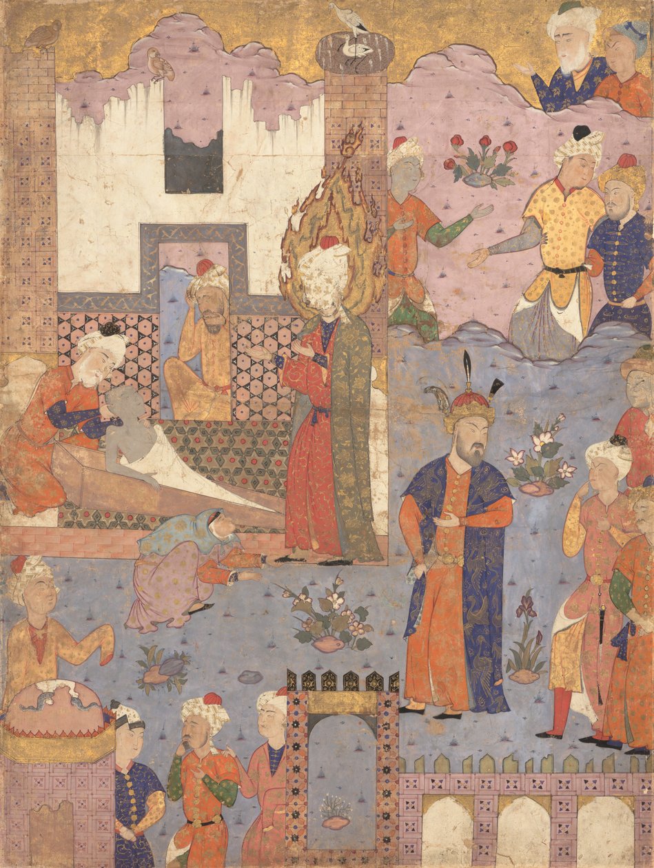 Muhammad wskrzesza chorego chłopca, Folio z Falnama Book of Omens z Ja